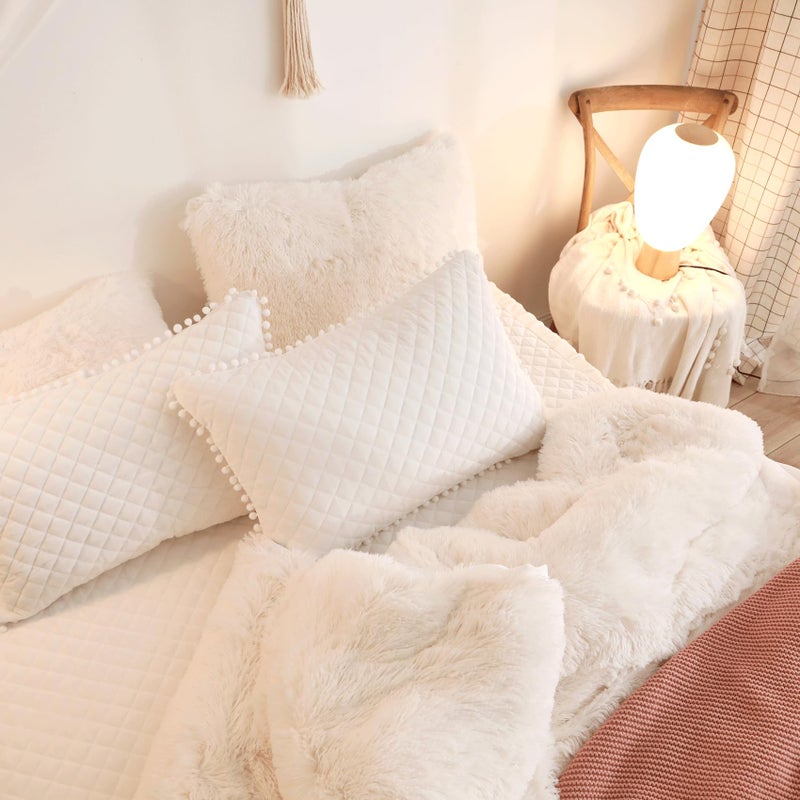 HAIHUA Fuzzy Beige Comforter Cover Queen Set, Soft Faux Fur Shaggy Beige Bedding Queen Set 3 Pieces (1 Fluffy Duvet Cover + 2 Plush Pillow Cases) Furry Bed Set, Zipper Closure - Image 4